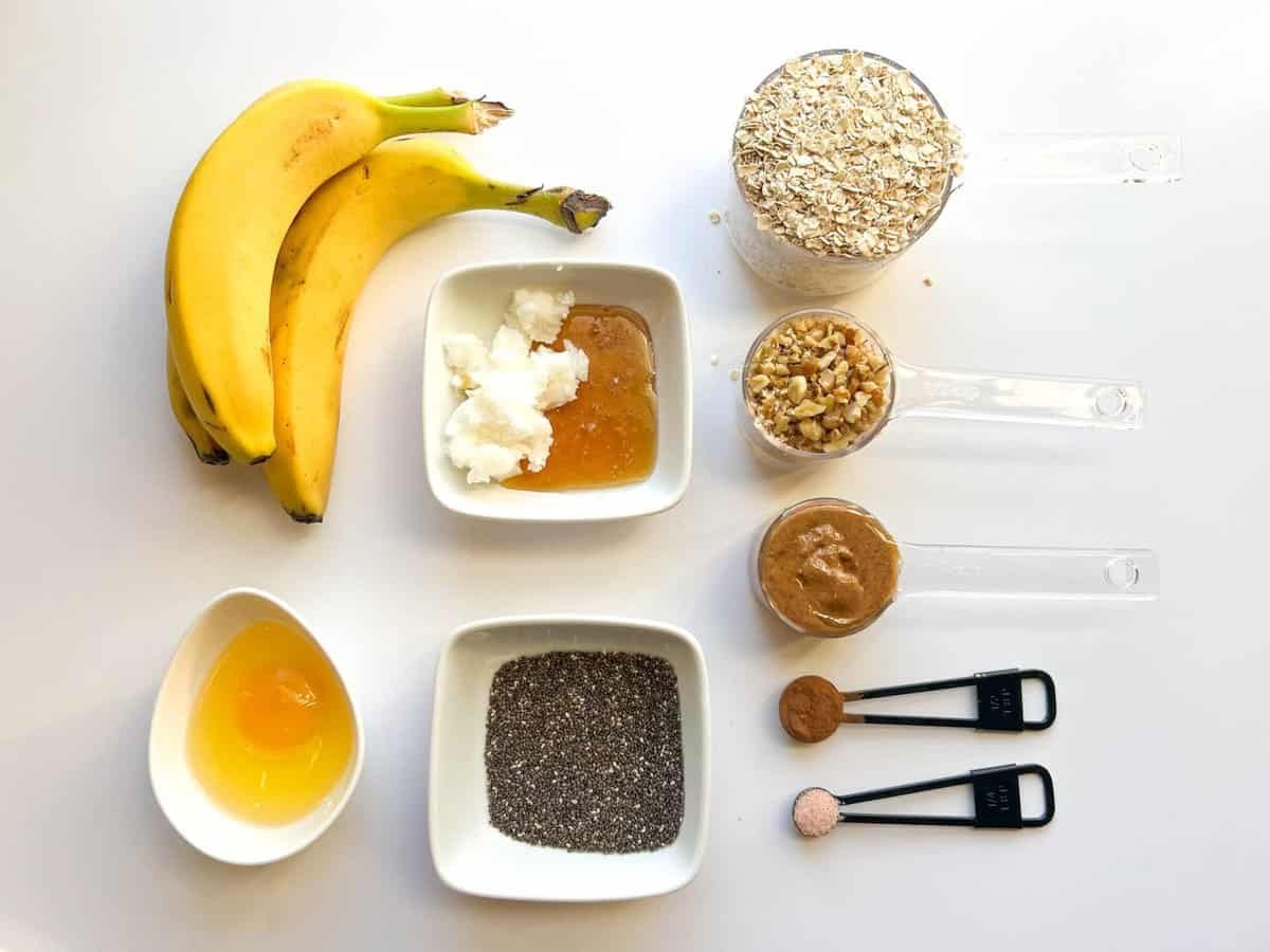 Ingredients bananas, egg, honey, chia seeds, oatmeal. walnuts, almond butter, cinnamon, salt