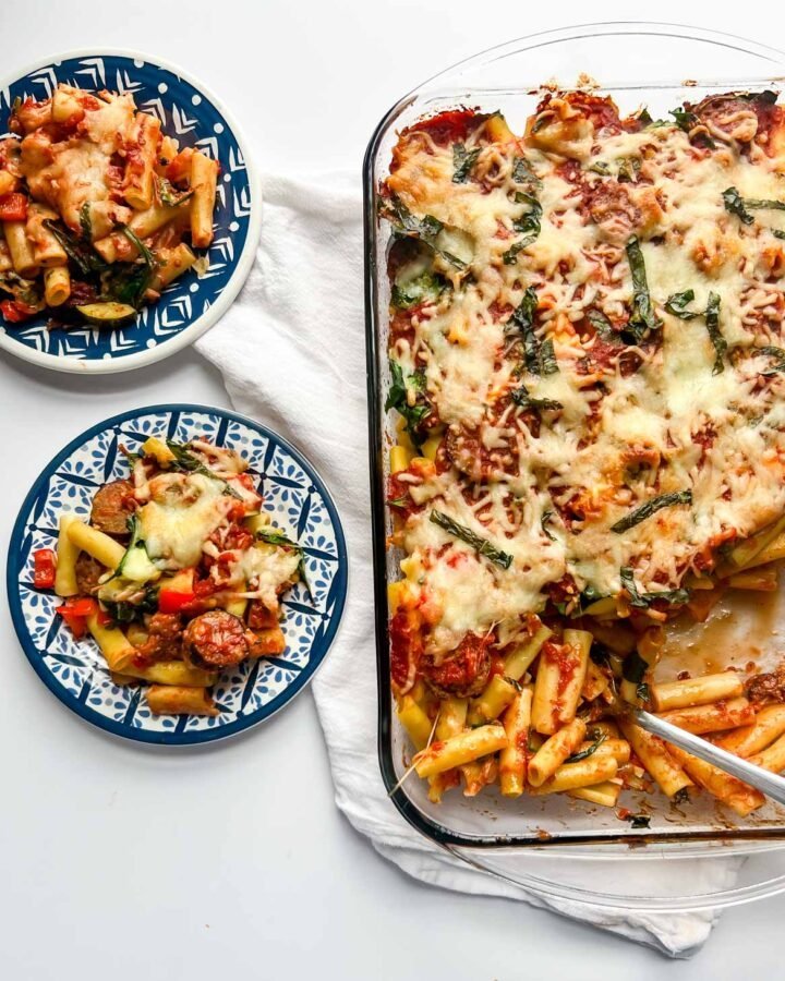 pasta on blue plates with pasta dish to the right